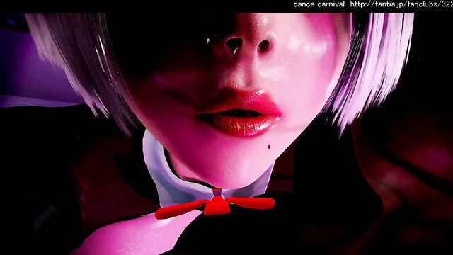 2B closeup lips tongue bowtie in neon glow Dance Carnival