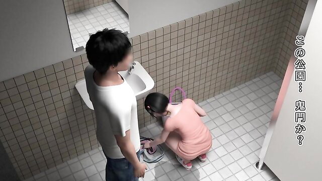 Japanese girl Moe Segawa kneels in bathroom, held by guy in JAV thumbnail