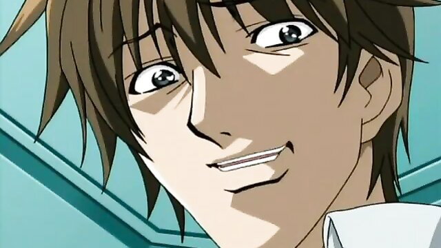 Excited anime twin guy smiling in Menage a Twins hentai Episode 1