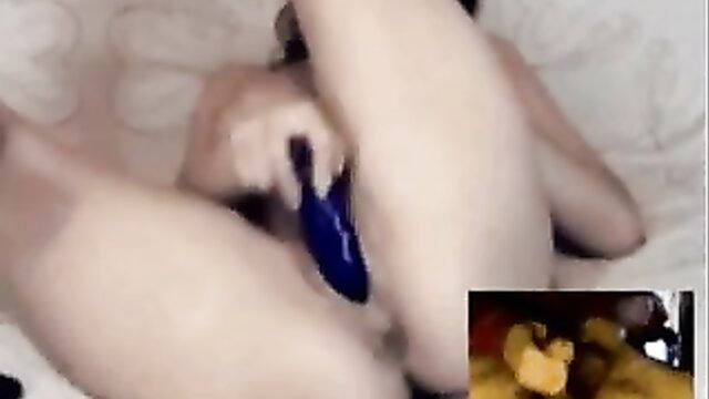 Cam2cam with Misscumfichta spreading legs using blue dildo closeup