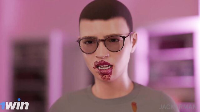 Androgynous buzzcut model with glasses smirking, bloody lips in pink room