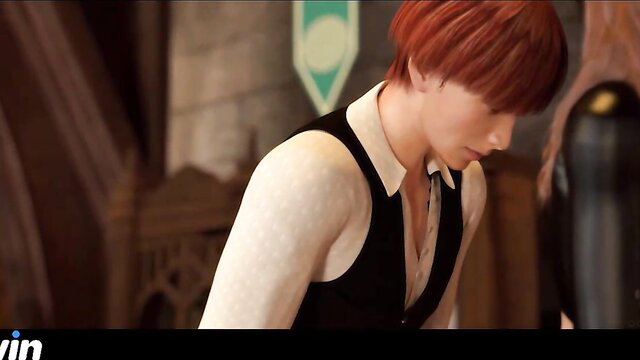 Redhead twink in vest and collar in Harry Potter parody gay scene