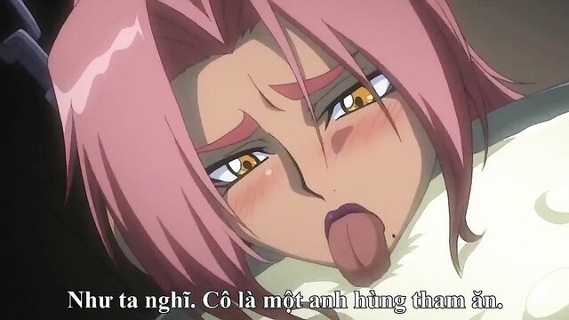 Pink-haired anime hentai girl Ingrid licks seductively, aroused blush