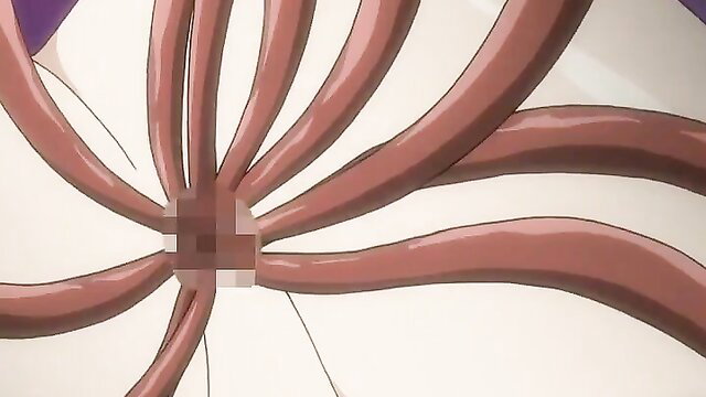 Hentai girl with multiple thick red tentacles spreading from censored crotch
