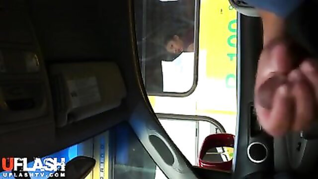 Cock flashing POV from truck cab to stunned Asian woman staring long