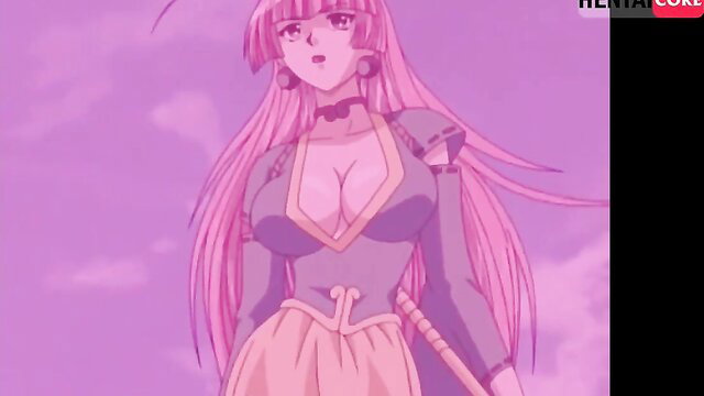 Pink-haired anime hentai girl with huge tits in cleavage dress, Youkou no Ken 2 Dub