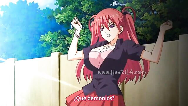 Redhead anime girl in sexy school uniform poses with huge tits outdoors