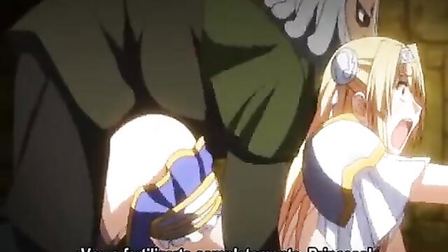 Blonde anime hentai girl in white armor gangbanged by orcs in Kuroinu