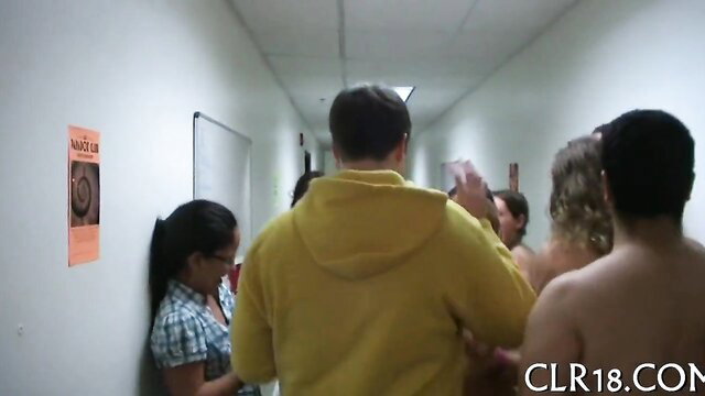 Crowd gangbang in school hallway, girl penetrated in holes by men