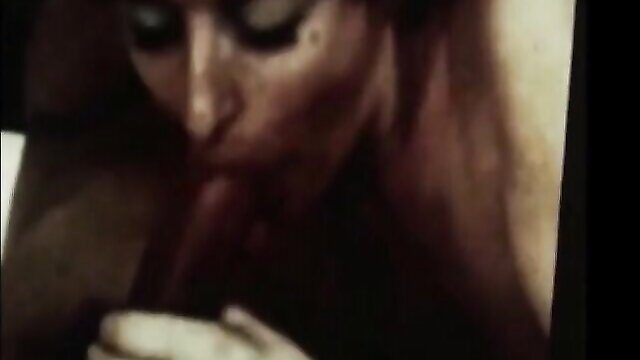 Vintage 70s redhead with smeared makeup sucking cock closeup
