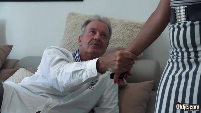 Olivia Nice grabs older man's cock on couch in Paying scene