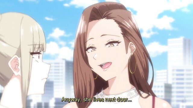 Two anime girls chatting outdoors, brown-haired gal with hoop earrings smiles slyly