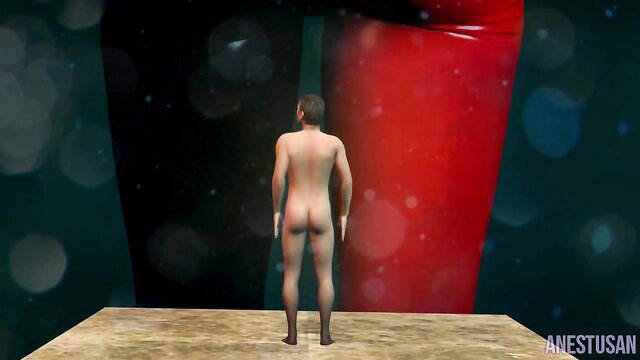 Nude man facing giant Harley Quinn red ass for buttcrush fetish