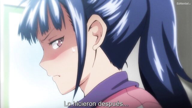 Blue-haired JAV anime girl in emotional closeup, flushed cheeks, tears, purple dress