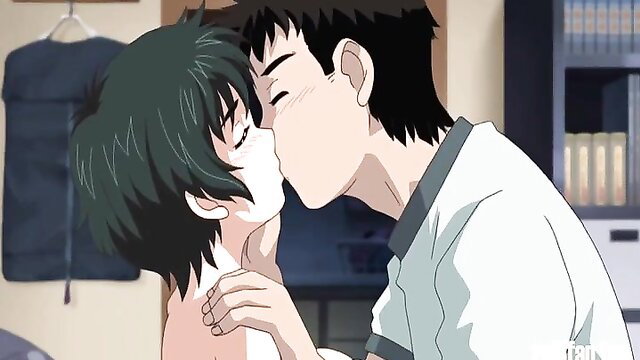 Anime couple kissing passionately, short green hair girl nude with guy