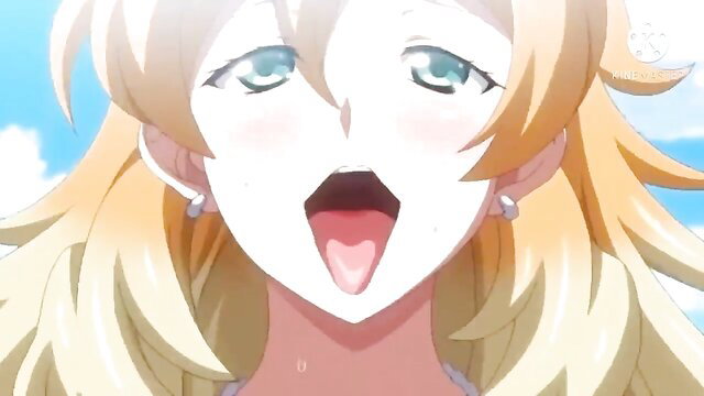 Blonde anime hentai girl with open mouth and ahegao face, blue eyes, outdoors
