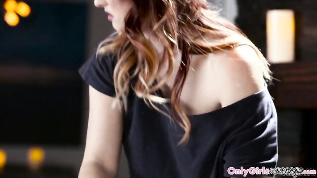 Busty redhead beauty in off-shoulder top, sensual lesbian massage tease