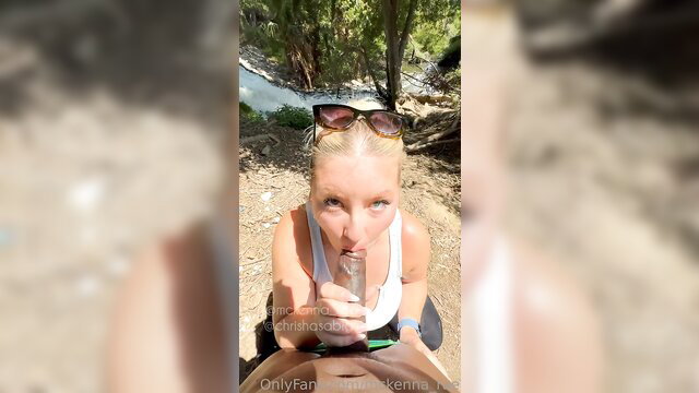 Blonde PAWG sucking BBC outdoors in field POV