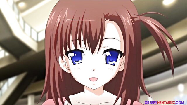 Cute Japanese teen student with big blue eyes smiles at camera