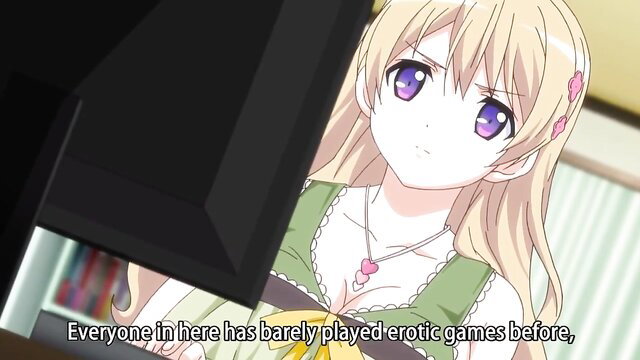 Blonde anime girl in cleavage-revealing green dress at computer in Eroge H mo Game mo Kaihatsu Zanmai