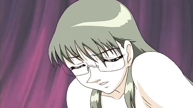 Anime hentai girl with glasses, long green hair, sad expression in Immorality Ep 2