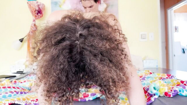 Curly haired Jewish stepmom bent over bed for creampie