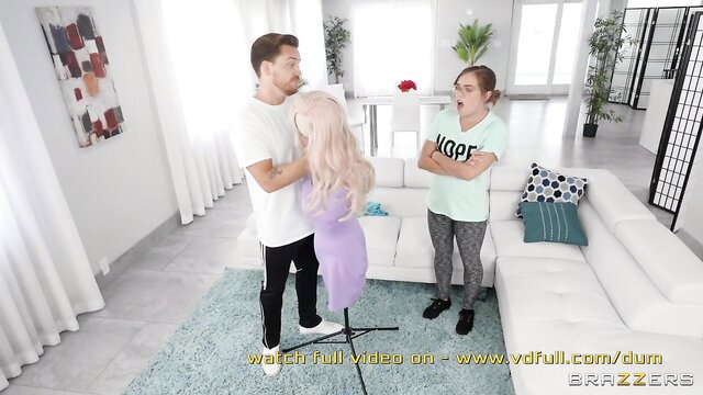Kyle Mason grabs busty blonde sex doll while jealous brunette watches, Brazzers threesome tease