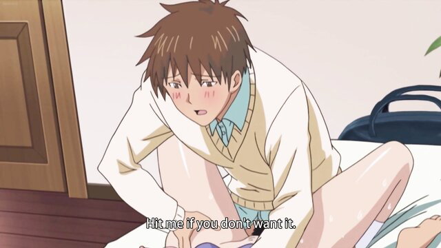 Japanese anime guy in sweater pantsed on bed, hit me if you don't want it