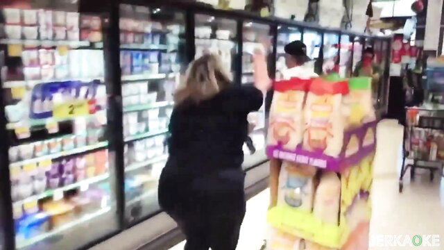 Violet Starr thick blonde bending over in tight black leggings in grocery store