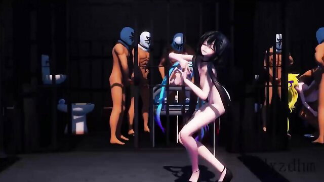Nude anime hentai girls dancing in MMD group scene