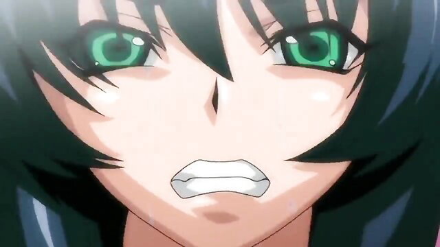 Close-up of shocked anime girl with glowing green eyes and black hair from Asagi hentai