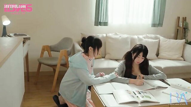 Two cute Asian girls studying intimately on floor, JAV lesbian tease