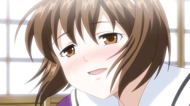 Cute Japanese anime girl with brown hair, blushing face, school uniform closeup