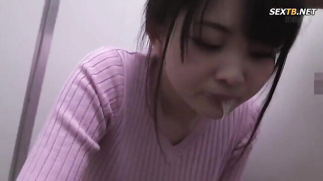 Asian JAV student teacher in pink sweater closeup oral tease