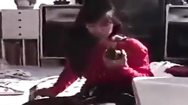 Japanese wife gonzo amateur eating banana on floor in red sweater
