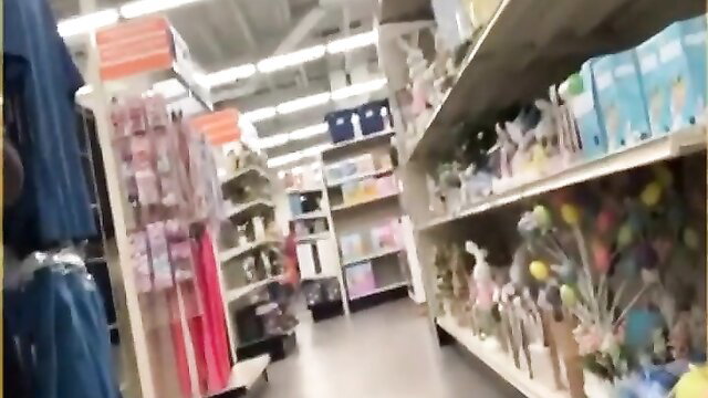 Amateur flashing in toy store aisle, public upskirt tease