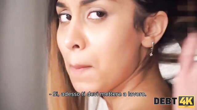 Roxy Lips closeup smirk in Debt4K debt sex scene