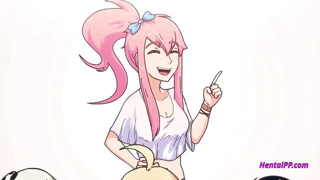 Pink-haired anime girl smiling in loose white top, hentai family sex tease