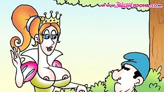 Busty cartoon redhead princess in cleavage-baring gown greets blue-hatted man
