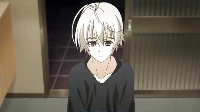 Anime boy with white hair in black sweater at door, JAV censored adult video thumbnail