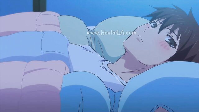 Anime hentai guy with flushed face nestled between girl's huge pale tits in bed