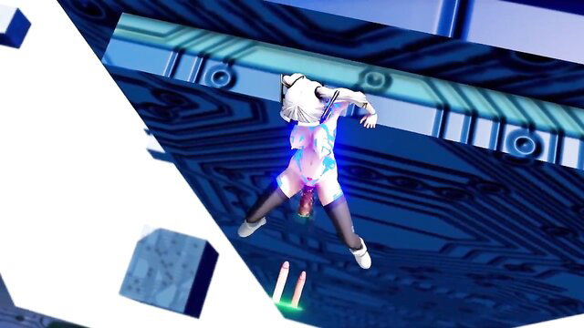 Anime girl in shiny leotard upside down, glowing crotch, MMD hentai tease