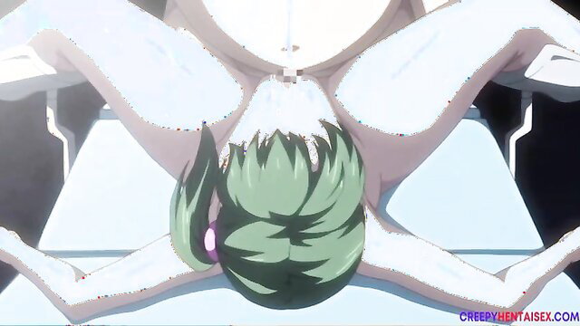 Green-haired hentai girl spread eagle fucked hard in missionary