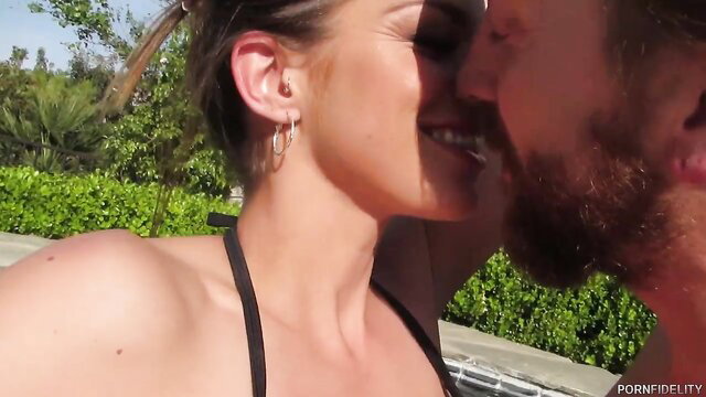 Brooklyn Chase Latina MILF kissing bearded boyfriend poolside
