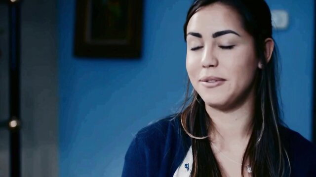 Alina Lopez seductive closeup in blue cardigan, bishop interview tease