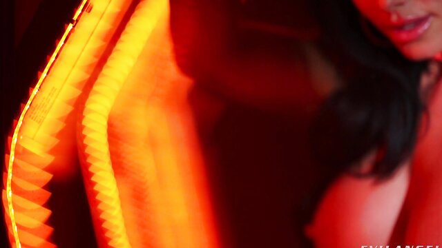 Jennifer White closeup lips in neon lights, bukkake blowbang tease