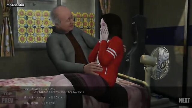 Old man gropes granddaughter's tits in red jacket hentai scene