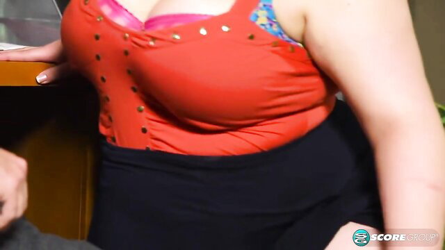 Kitty McPherson big tits in sparkly red swimsuit home office tease