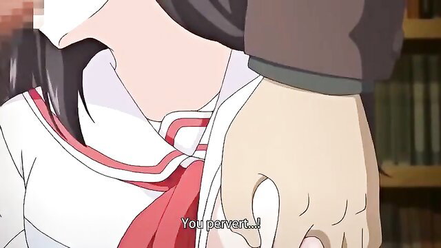 Anime hentai girl in school uniform grabs pervy guy's hand, closeup