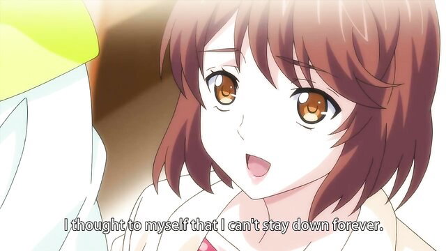 Cute Japanese hentai girl with brown hair smiling in capsule hotel